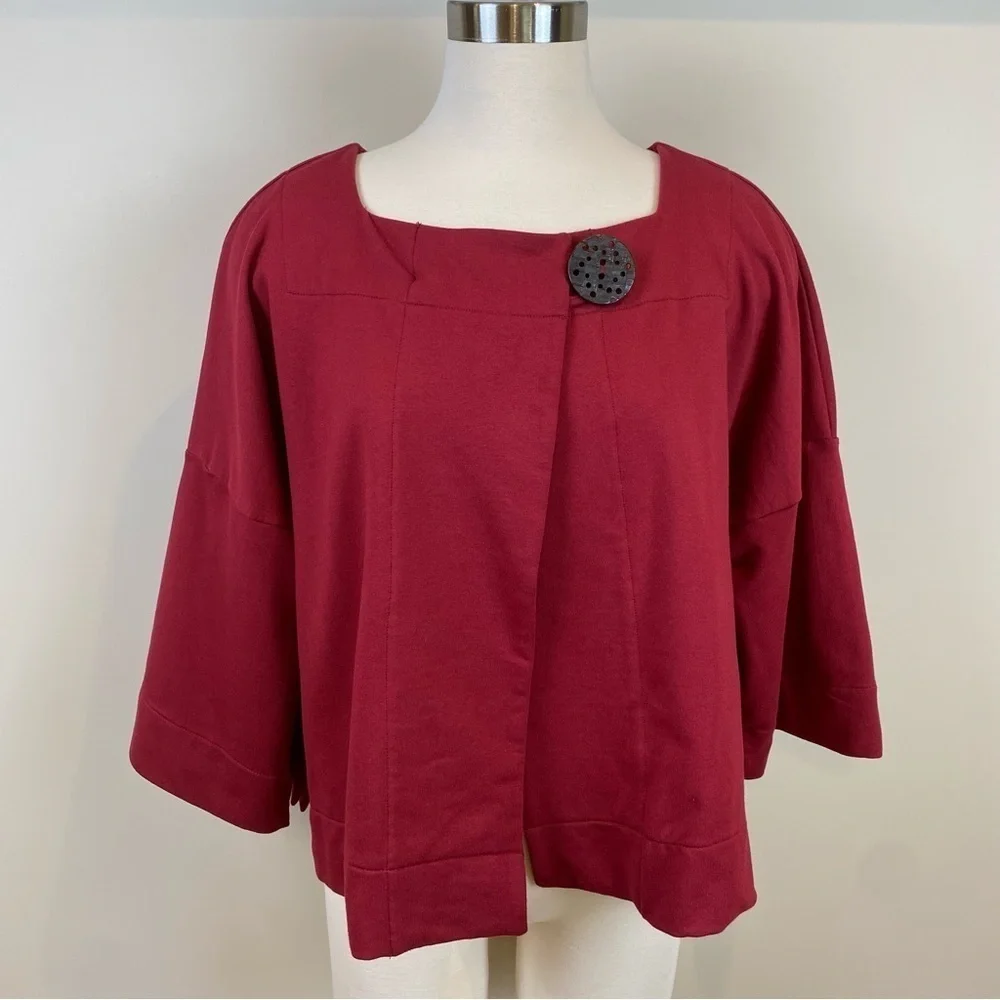 Neon Buddha Swing Jacket Deep Red Sz M Square Neck Oversized Cropped Wood Button - Picture 1 of 17